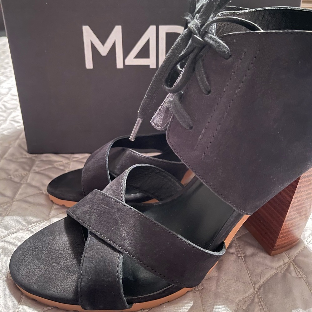 M4DE MADI Nubuck Cross Strap Chunky Heel Sandals, Black